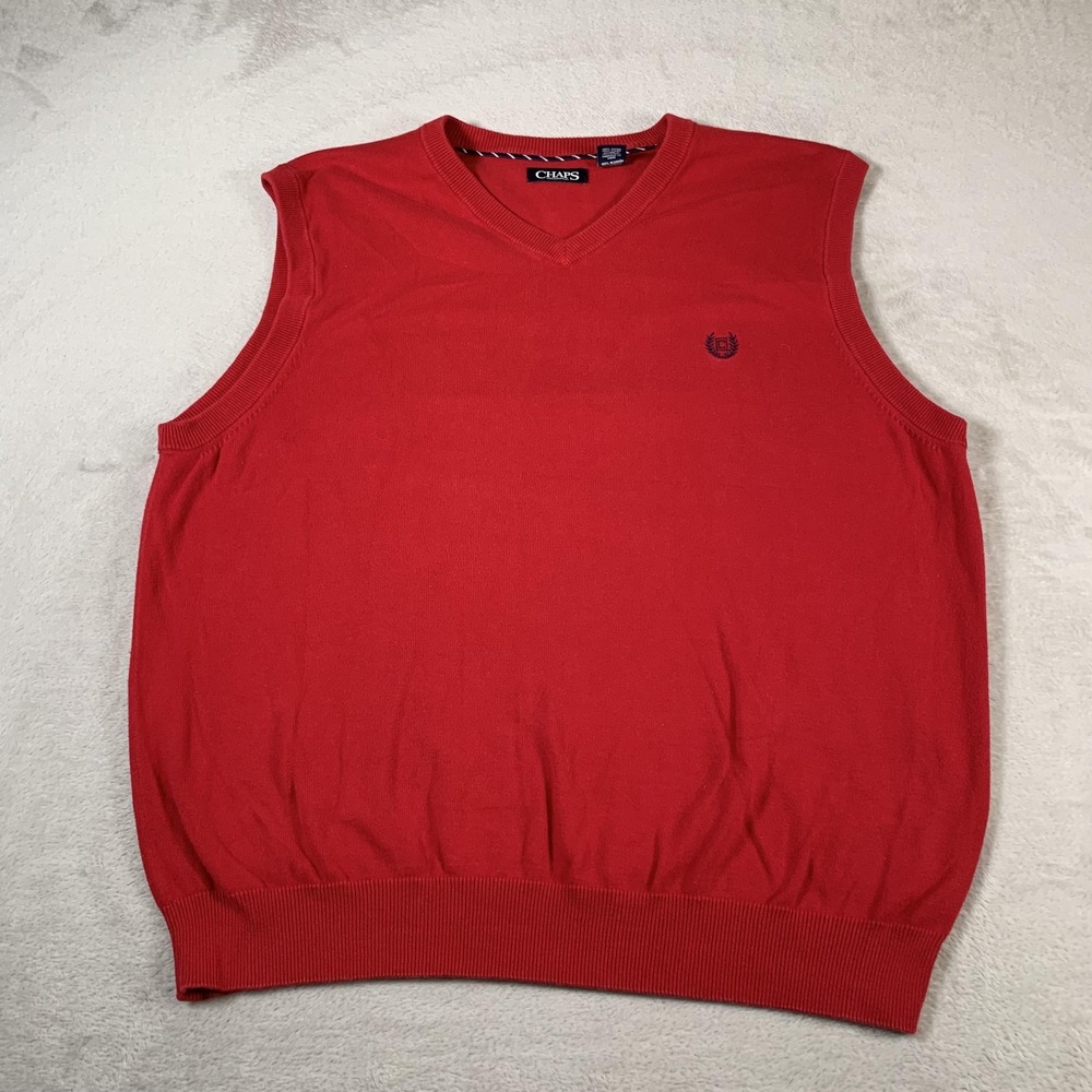 Chaps Sweater Vest Mens XL Red V Neck Pullover Embroidered Crest Classic‎ Casual